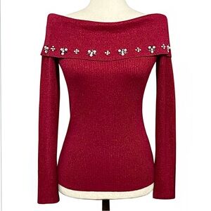 Lauren Michelle Vintage 90s Off The Shoulder Metallic Ribbed Knit Beaded Sweater